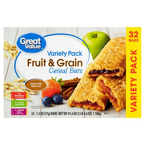 Great Value Fruit And Grain Cereal Bars Variety Pack 1 3 Oz 32 Count