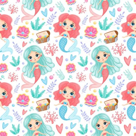 Premium Vector Cute Cartoon Mermaids Seamless Pattern Underwater