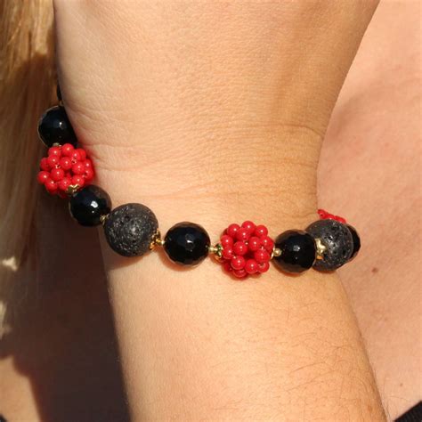 Silver Lava Stone And Red Coral Bracelet Sicily Lover