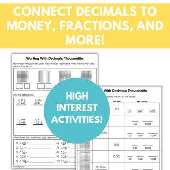 Decimal Worksheets Thousandths, Connect Decimals to Fractions and Visual Models