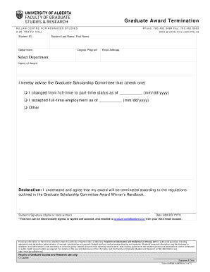 Fillable Online Uofa Ualberta Graduate Award Termination Bformb Fax