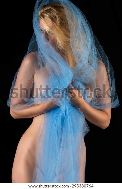 Beautiful Tall Blonde Standing Nude Blue Stock Photo