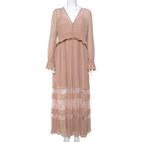 Self Portrait Nude Pink Chiffon Pleated Lace Trim Detail Maxi Dress M Self Portrait The Luxury