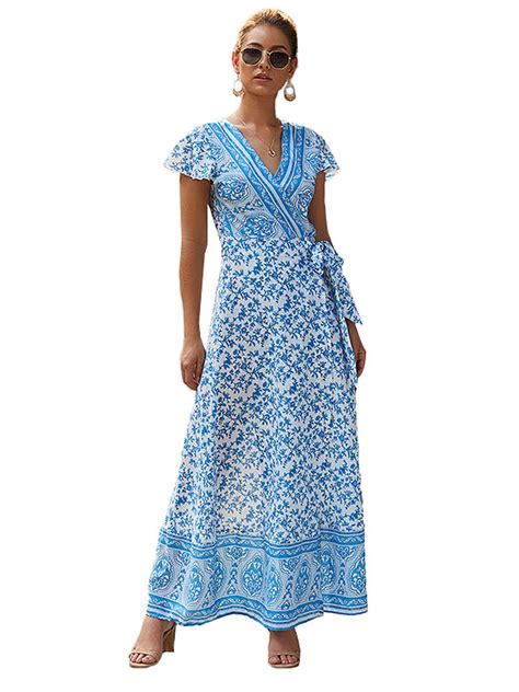 Abtel Hawaiian Beach Holiday Boho Beach Floral Maxi Dress For Women Casual Ladies Casual Wrap