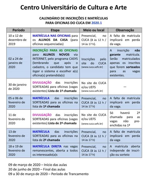 Calendário de matrícula 2020 1 CUCA