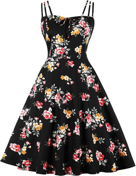 Dresses Spaghetti Träger Sommerkleid Für Damen 50er 60er Jahre Stil Blumendruck Strand A