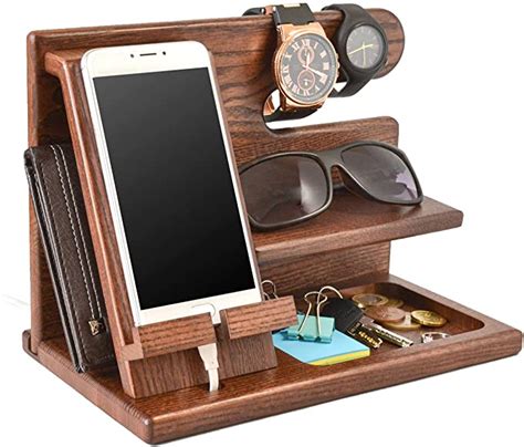 Teslyar Wood Phone Docking Station Ash Key Holder Wallet Stand Watch