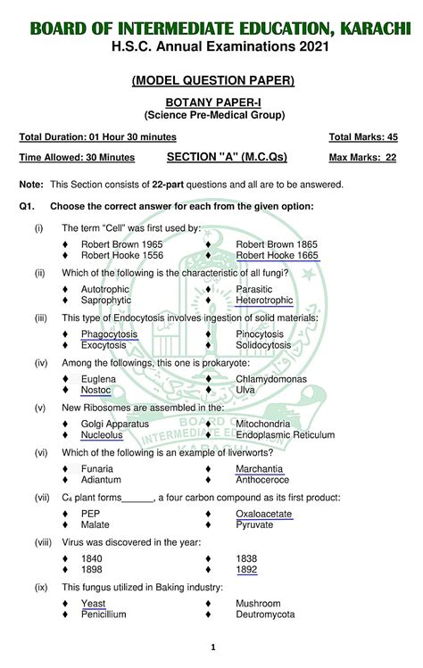 Education Is The Key To Success Botany Paper I For Class XI