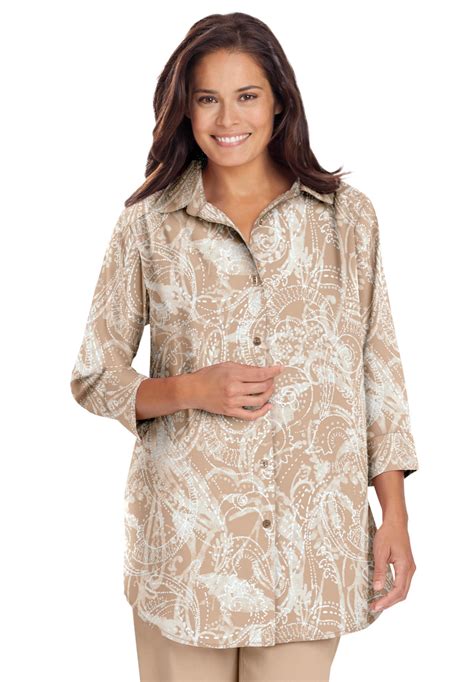 Woman Within Women S Plus Size Cuffed Sleeve Peachskin Button Down Shirt