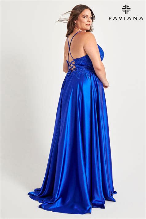 Royal Blue Plus Size Long Flowy Prom Dress With Lace Bustier And Corset Back Faviana