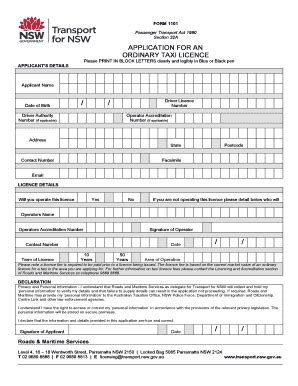 Fillable Online Transport Nsw Gov Application For An Ordinary Taxi