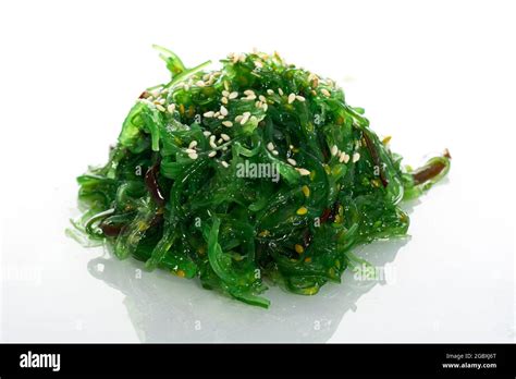 Edible Green Algae Sea Vegetable Isolated Green Chuka Seaweed Salad Isolated On White