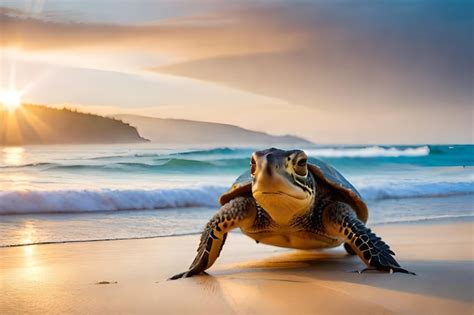 Premium Photo | A turtle on the beach at sunset