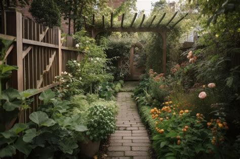 Premium Ai Image A Quiet Garden With A Wooden Trellis And Tall Fence