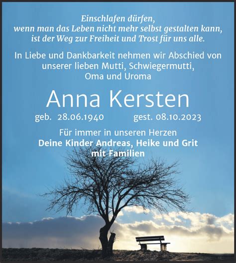 Traueranzeigen Von Anna Kersten Abschied Nehmen De