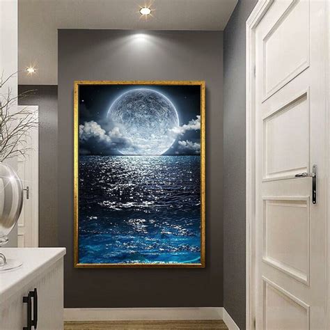 Huge Full Moon Framed Canvas, Moon Landscape Wall Art, Sea and Moon ...