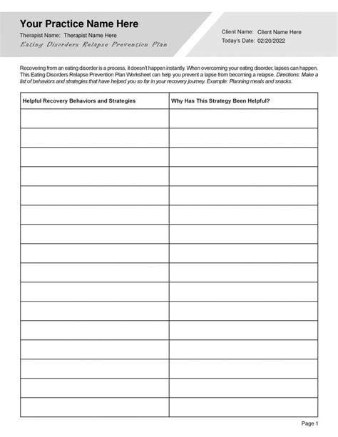 Eating Disorder Relapse Prevention Plan Worksheet Editable Fillable