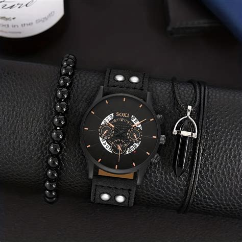 3pcs Set Fashion Mens Business Calendar Quartz Wrist Watch Bracelet