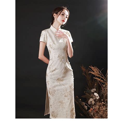 Summer Improved Cheongsam Beige Elegant Dress Handmade Button Slim