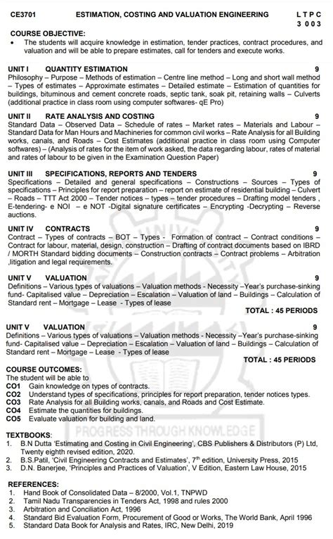 Estimation Costing And Valuation Engineering Ce Th Semester