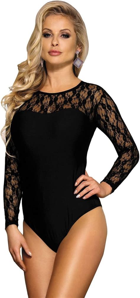 Women Lingerie Mesh Lace Long Sleeve Leotard Bodysuit Black Jumpsuit Clubwear Tops Amazon Co
