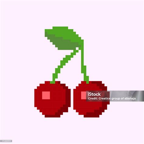 Cherry Fruit Pixel 8bit Art Vector Illustration Background Stock