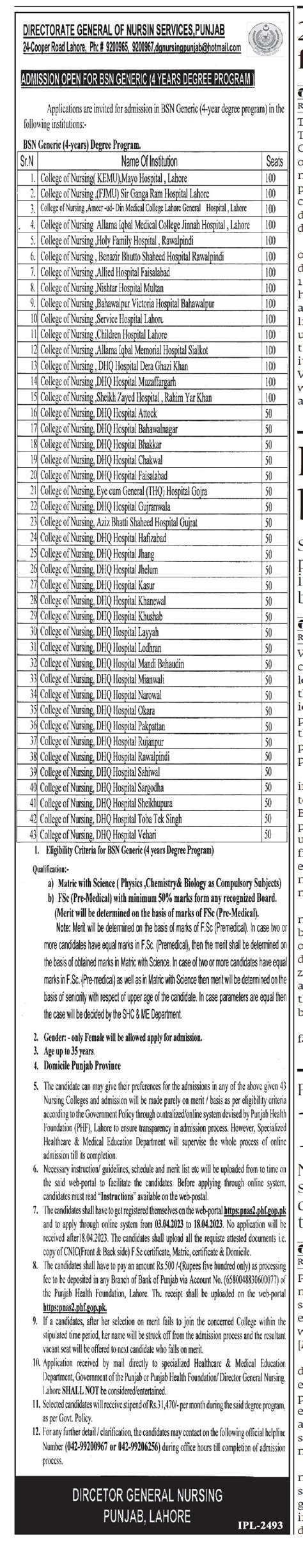 Bachelor Of Nursing Bsn Admissions At Directorate General Of Nursing