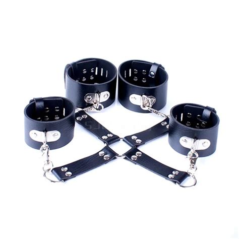 Black Pu Leather Sex Handcuffs Ankle Cuffs Cross Buckle Hand On The