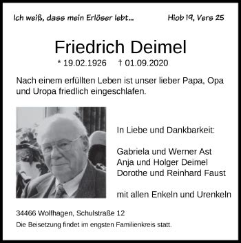 Traueranzeigen Von Friedrich Deimel Trauer HNA De