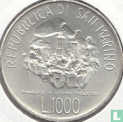 San Marino 1000 Lire 1978 150th Anniversary Birth Of Leo Tolstoy KM