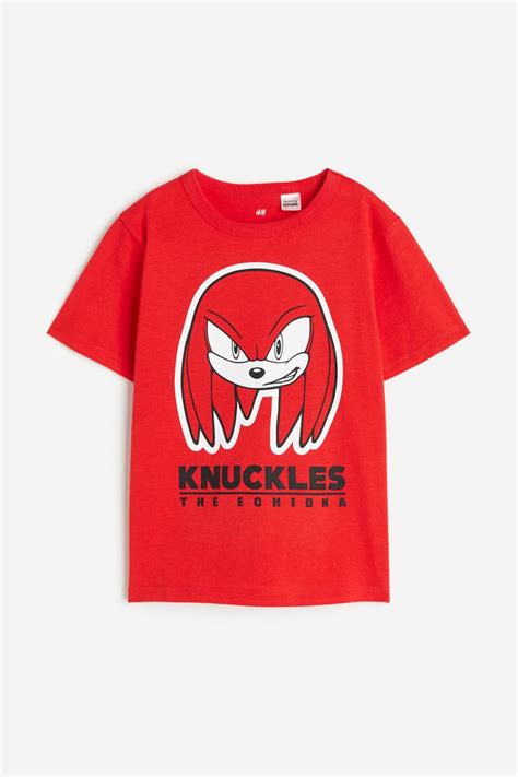 Printed Cotton T Shirt Round Neck Short Sleeve Red Sonic The