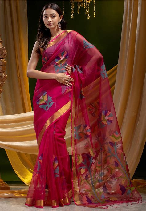 Buy Jamdani Pure Muslin Silk Saree In Fuchsia Online SPN6506 Utsav