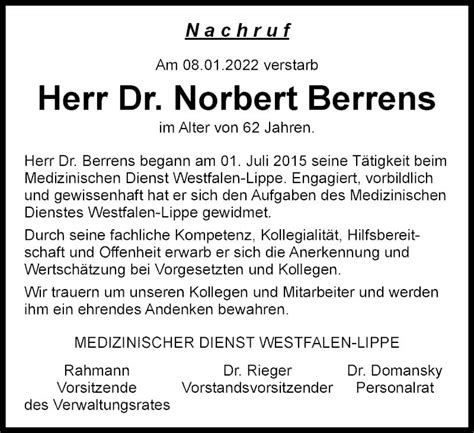 Traueranzeigen Von Norbert Berrens Trauer In Nrw De