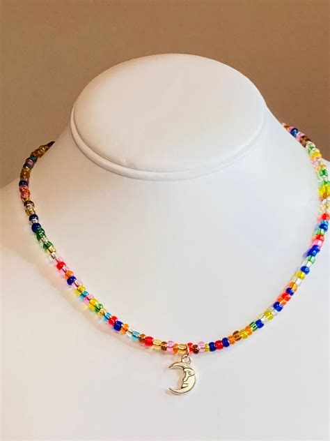 Rainbow Seed Bead Necklace Moon Necklace Crescent Moon Etsy