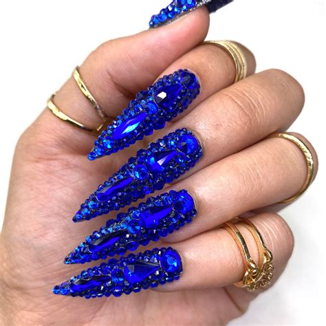 Blue Bling Press On Nails Glue On Nails Long Nails Stick Etsy