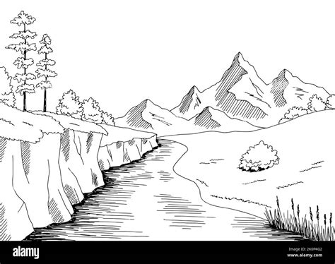 Gr Fico De R O De Monta A Blanco Negro Paisaje Dibujo Ilustraci N