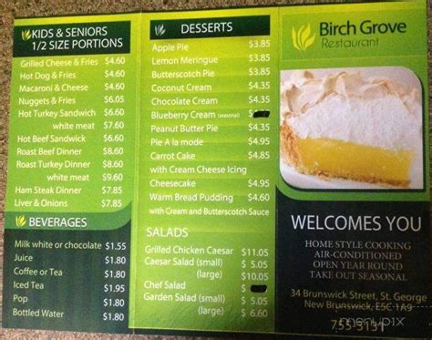 Menu Of Birch Grove Restaurant In Saint George Nb E C A