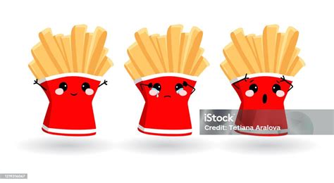 Cartoon Funny French Fries Hand Drawn Set Of Emoji Vector Emoticon Illustration Food Stock