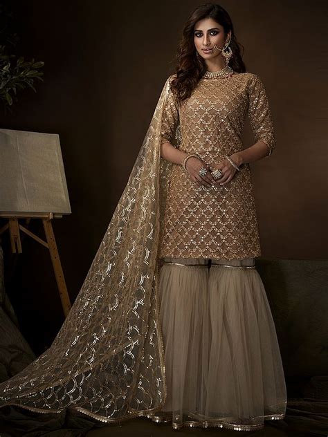 Beige Soft Net Sharara Suit With Sequin Dori Work And Soft Net Dupatta