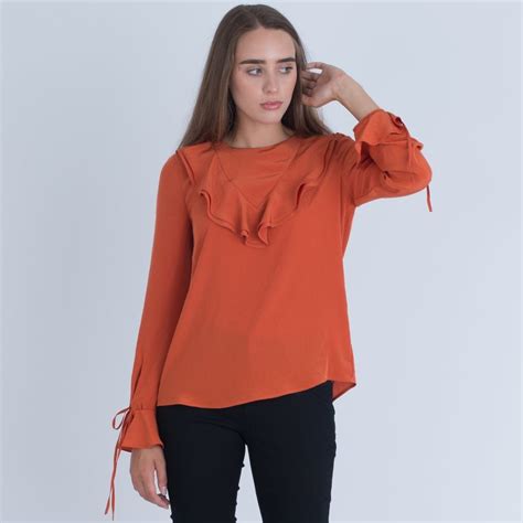 Luisa Cerano Viscose Blouse With Frill Front And Tie Sleeve Orange