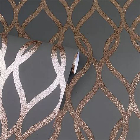 Arthouse Sequin Trellis Charcoal Rose Gold Glitter Wallpaper