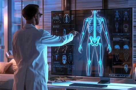 Futuristic medical office with a doctor analyzing a 3D holographic ...