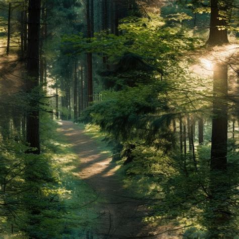 Premium Photo Tranquil Forest Path With Sunlight Filtering Through Trees