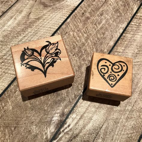 Psx Heart Rubber Stamps A Vintage Pair Of Small Wooden Block Etsy