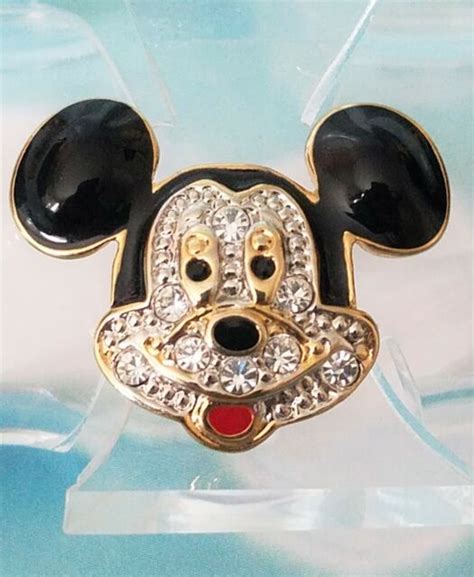 Vintage Disney Mickey Mouse Brooch Pin Rhinestone Face Enamel Ears Gold