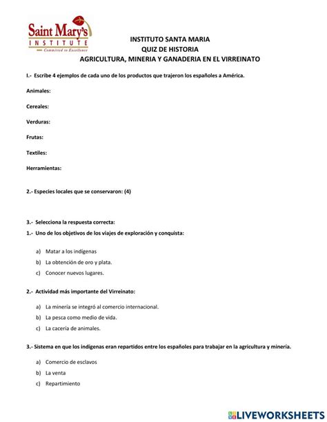 Quiz Actividades Economicas El Virreinato Worksheet