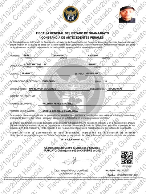 Fiscalía General Del Estado de Guanajuato Constancia de Antecedentes ...