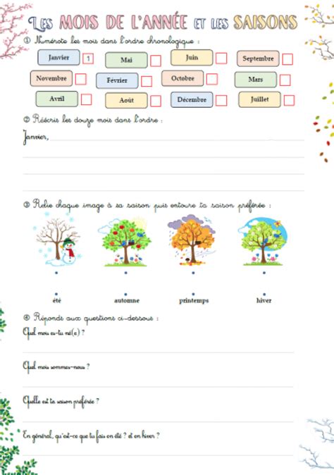 Exercices Les Mois De Lannée Et Les Saisons Cp Ce1 Cp La