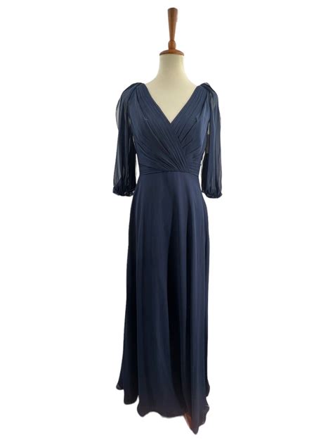 Jenny Packham Navy Blue Chiffon V Neck Long Dress Size New Ebay