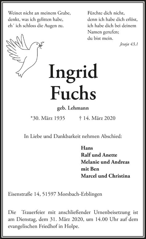 Traueranzeigen Von Ingrid Fuchs Wirtrauern